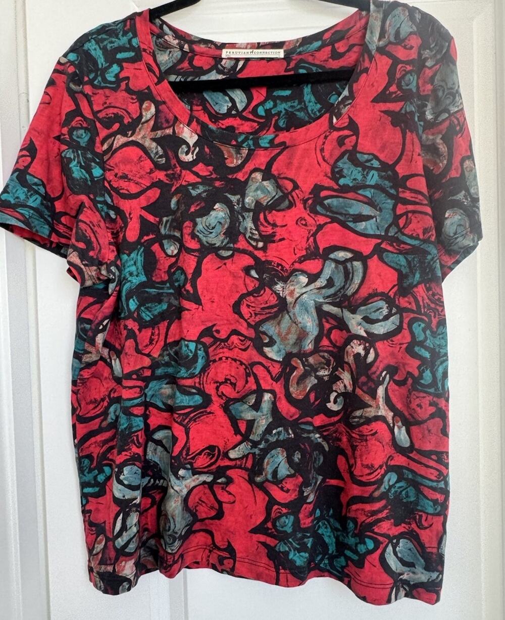 Peruvian Connection Shirt Women Size Large Red Floral Cotton Top Tee Boho Peru